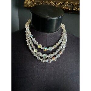 Vintage 1950’s Crystal Aurora Borealis Triple 3 Strand Necklace Choker Beads
